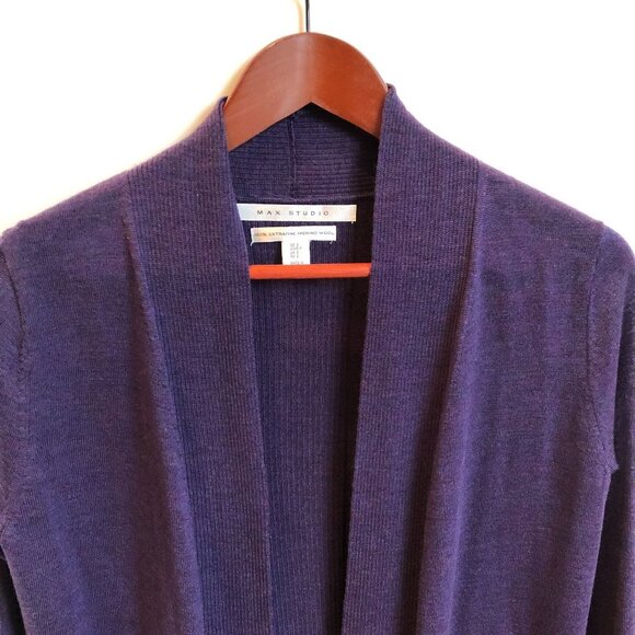 Max Studio Open Front Xtra Fine Merino Wool Cardigan Sweater Heather Purple Sz S - Picture 4 of 11